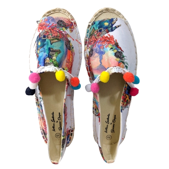 New Antica Sartoria Espadrilles Peep Toe Canvass Pom Poms Size Eur 39 US… - Picture 4 of 15
